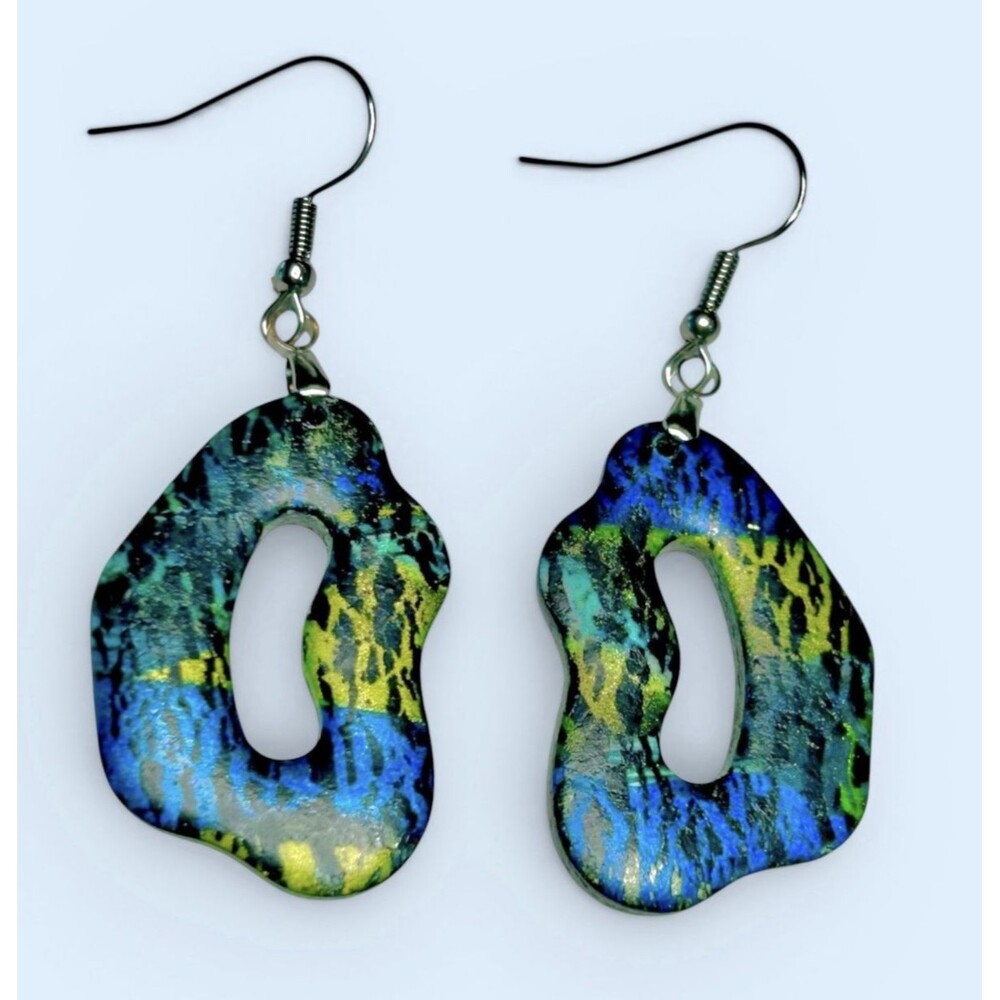 Handmade Blue Green Metallic Polymer Clay Dangle Earrings Stainless Steel Wires